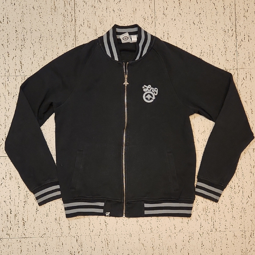 LRG Black & Gray Full Zip Varsity Bomber Style Sweater Vintage Y2K